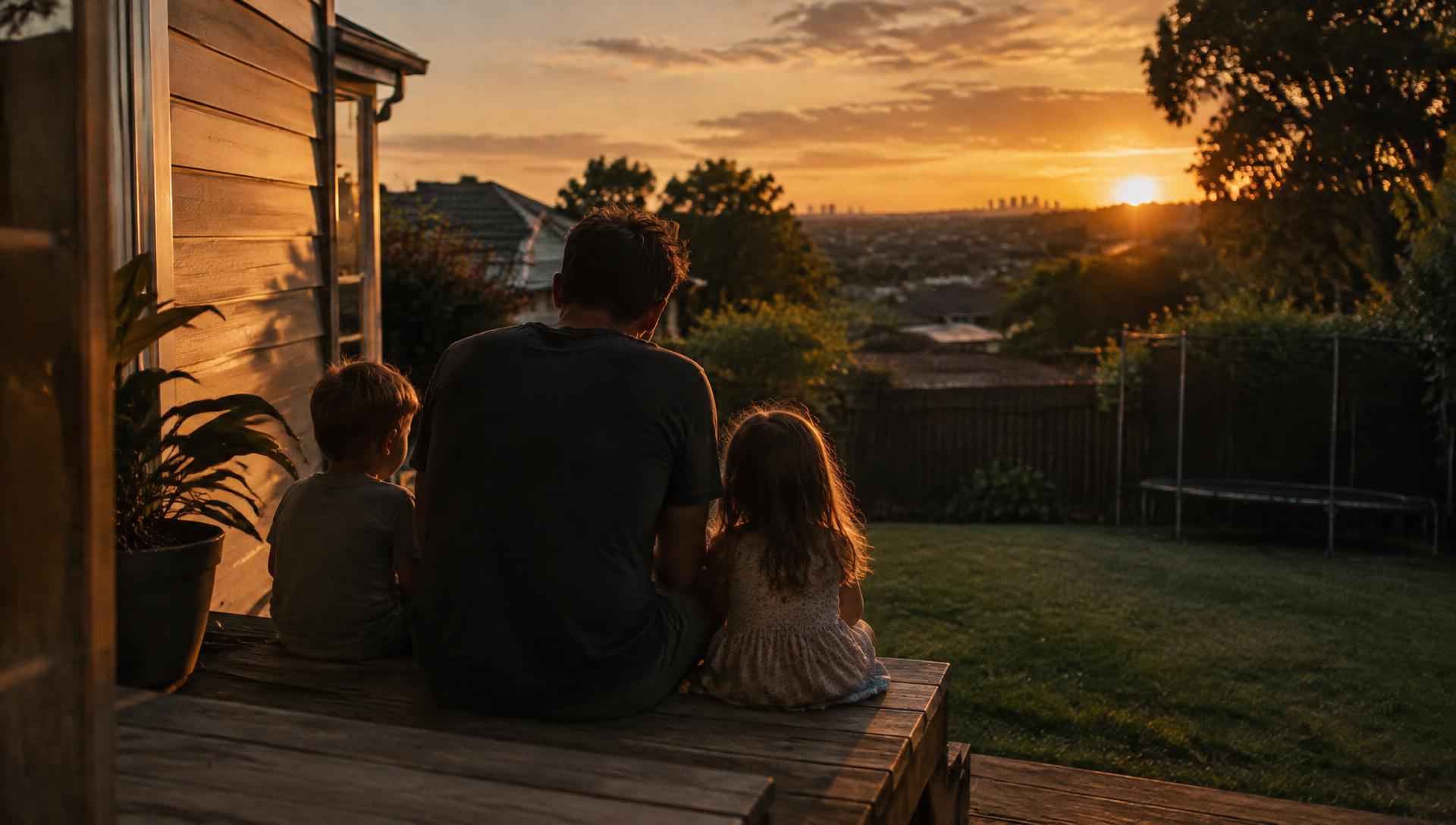 A father sitting on a back step at dusk with his two young children