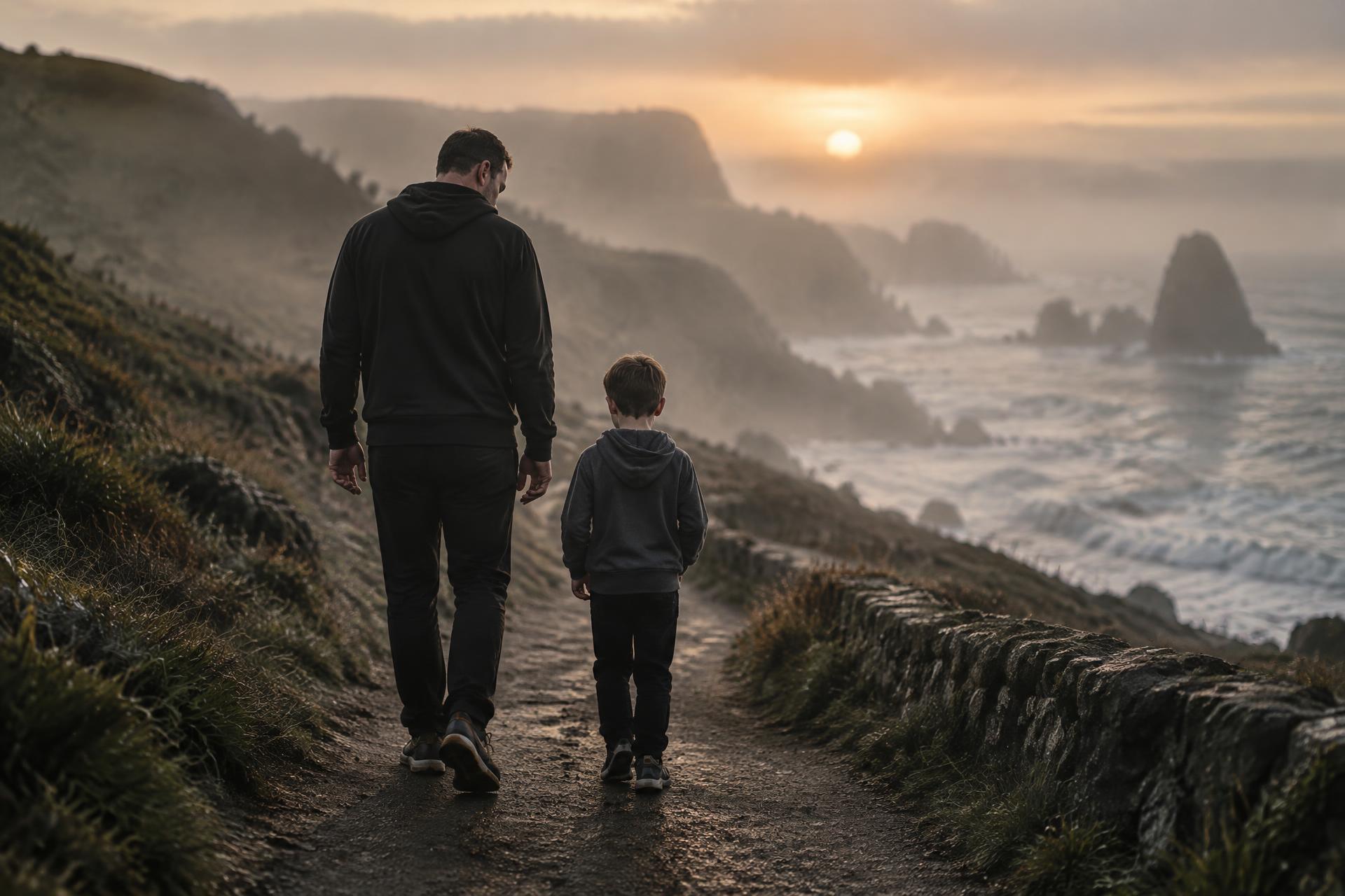 A father and his young son walking a coastal path at dawn